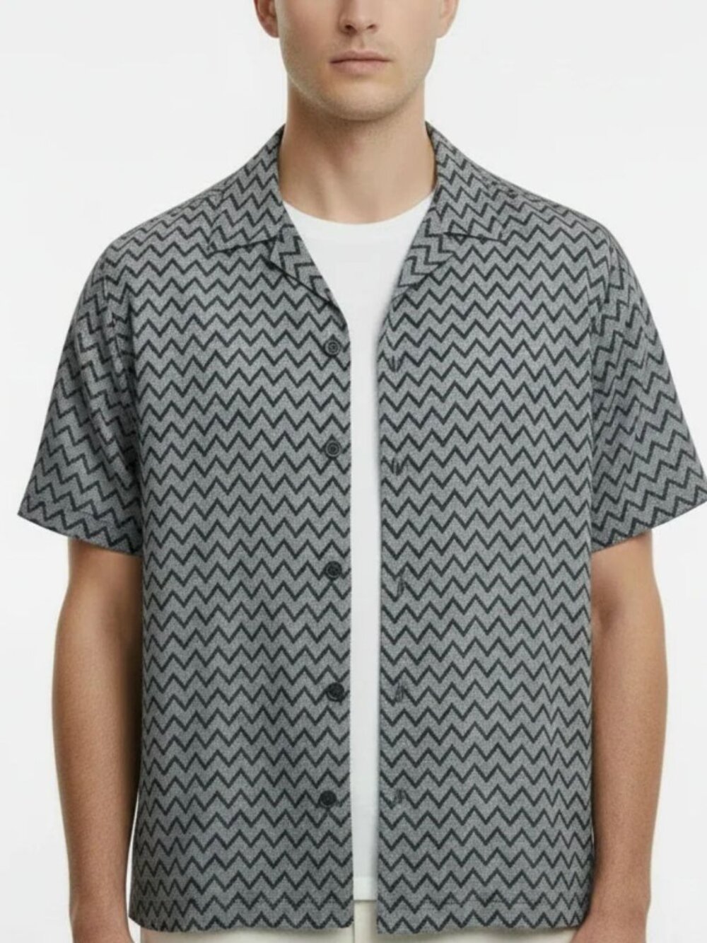 Ted Baker Shirt Mens Large Short Sleeve Black Gray BORDUP Zig Zag Striped Cotton